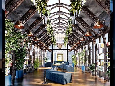 Book Art Interior Design Featuring Arched Metal Roof Green Plants Bookshelves And Blue Seating 3d model