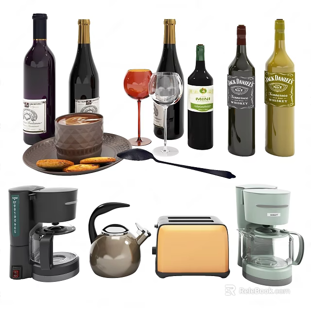 Elegant Assorted Wine Bottles And Glassware With Coffee Maker Teapot Toaster And Cookies 3d model 