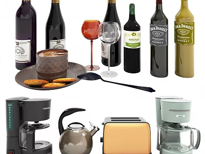 Elegant Assorted Wine Bottles And Glassware With Coffee Maker Teapot Toaster And Cookies 3d model