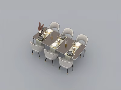 Modern Dining Table Set With Six Chairs Tableware And Flower Arrangement 3d model