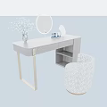Modern Walnut Dressing Table With Round LED Mirror And Patterned Upholstered Makeup Stool For Bedroom