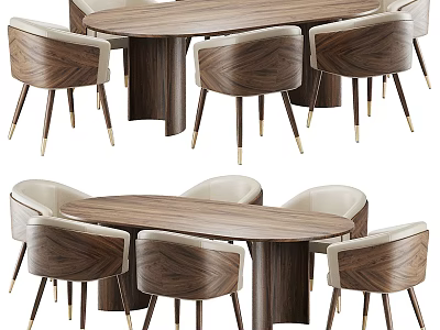 Walnut Wood Dining Table Set With Upholstered Chairs And Metal Legs Design 3d model