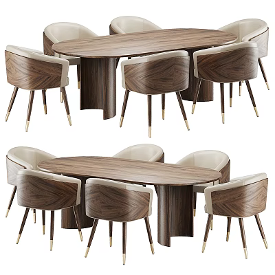 Walnut Wood Dining Table Set With Upholstered Chairs And Metal Legs Design 3d model