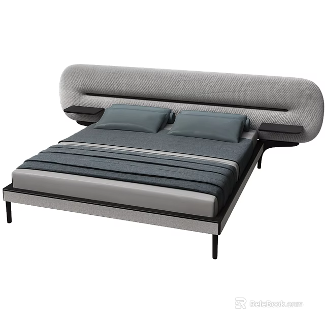 Modern Upholstered Double Bed With Curved Gray Headboard And Black Legs 3d model 
