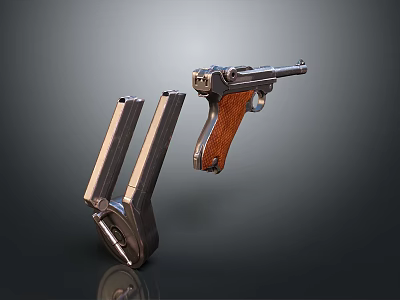 Vintage Classic Pistol With Wooden Grip And Metal Magazines On Dark Background 3d model