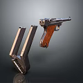 Vintage Classic Pistol With Wooden Grip And Metal Magazines On Dark Background