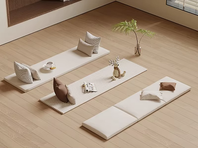 Cozy Modern Window Seat with Cushions Pillows Table Books Decorations Green Plant on Wooden Floor 3d model
