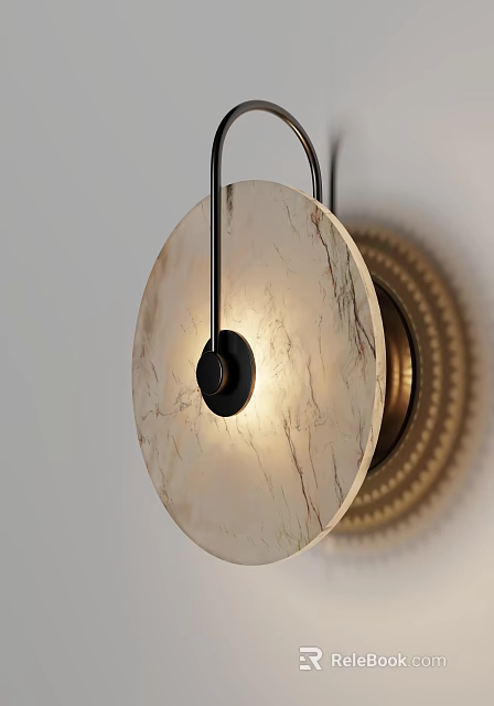 Modern Round Marble Disc Wall Sconce With Black Metal Frame And Warm Illuminated Light 3d model 