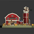 Cartoon Farm Scene with Red Barn Blue Roof Windmill Hay Bales Ladder and Wooden Fence