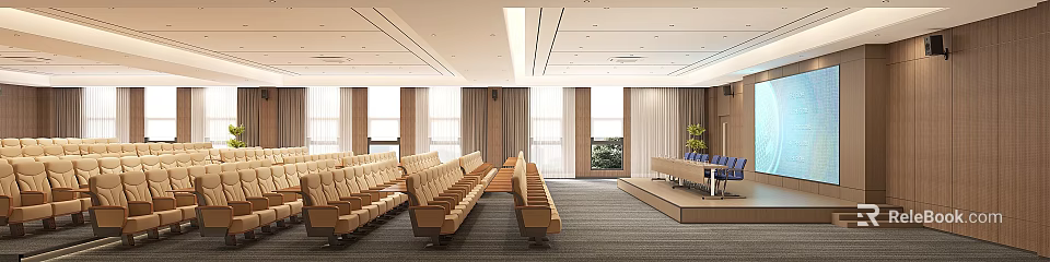 Modern Conference Room Interior With Rows Of Seats Podium And Large Windows 3d model 