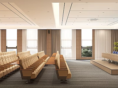 Modern Conference Room Interior With Rows Of Seats Podium And Large Windows 3d model