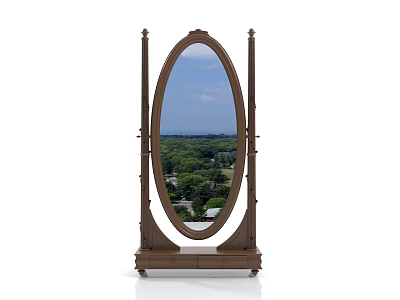 Oval Floor Mirror With Wooden Frame Reflecting Green Trees And Blue Sky 3d model