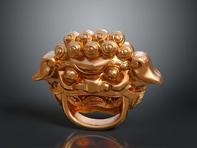 Golden Lion Head Door Knocker Sculpture In Traditional Style With Decorative Details 3d model