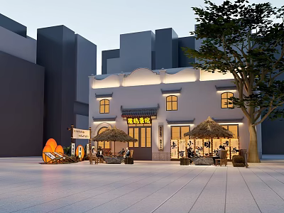 Traditional Teahouse Exterior Design With Outdoor Seating And Decorative Lanterns 3d model