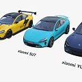 Xiaomi SU7 Ultra And SU7 Different Car Models With Yellow Blue Colors And Sporty Design