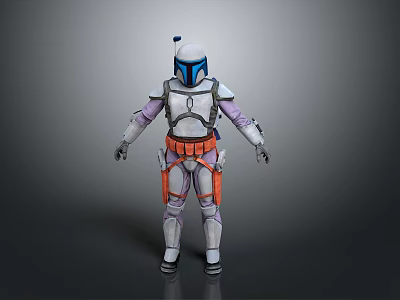 Armored Sci Fi Warrior in White Armor with Blue Helmet Purple Sleeves and Orange Belt 3d model