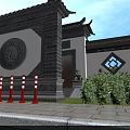 Traditional Chinese Landscape Wall With Circular Fu Relief Gray Bricks And Green Plants
