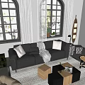 Black Leather Multi Person Sofa With Pillows And Knitted Blanket In Bright Living Room