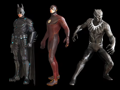 Game and Movie Characters Batman Flash Black Panther in Detailed Superhero Costumes 3d model