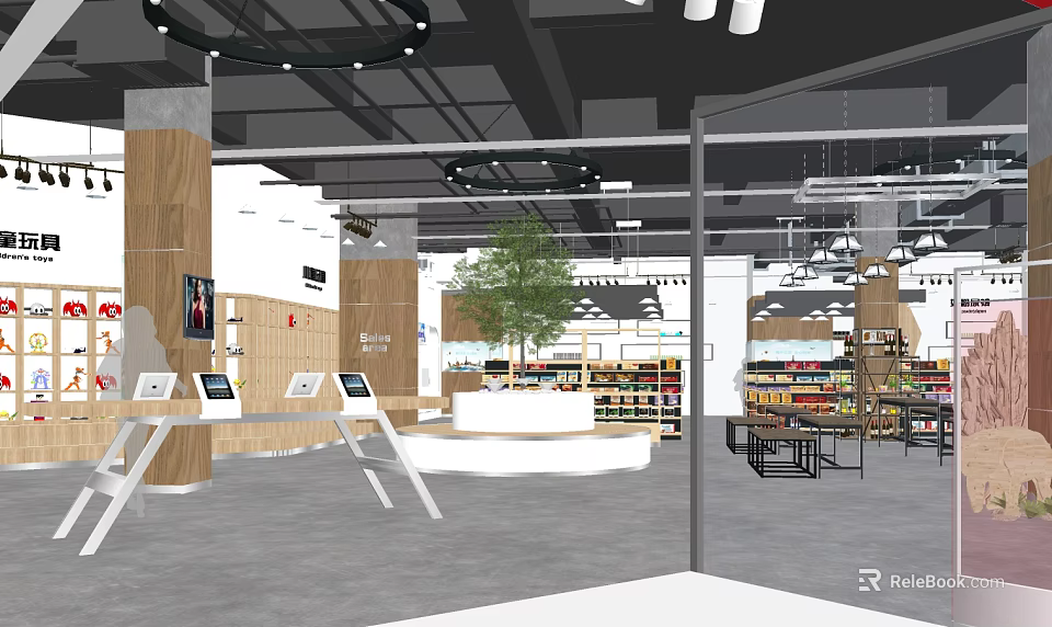 Modern Retail Store Interior With Product Displays Green Plant And Lighting Fixtures 3d model 