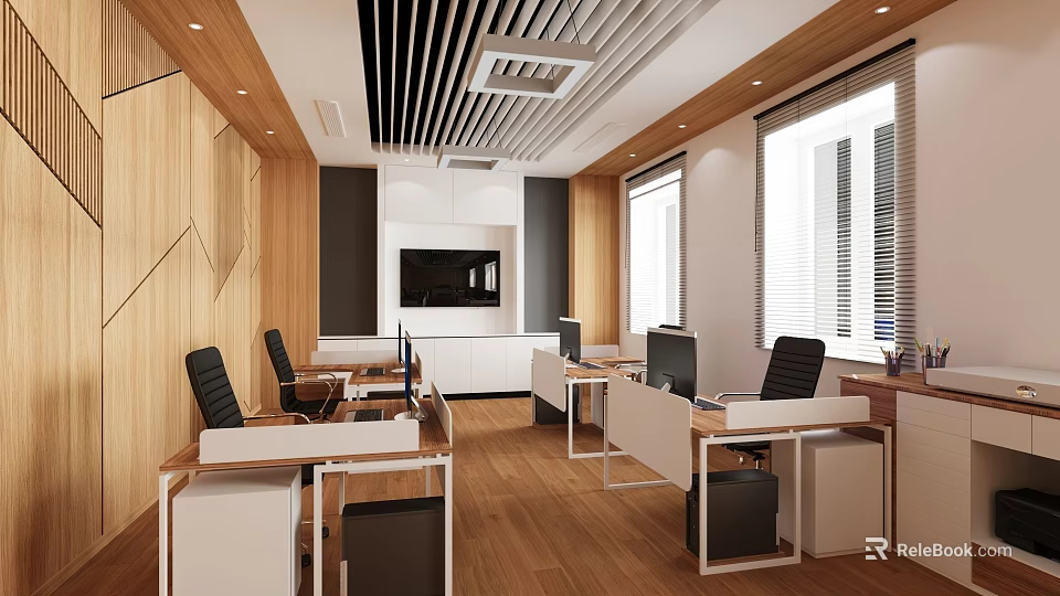 Modern Office Interior With Wooden Walls Desks Computers Black Chairs White Cabinets And Windows 3d model 