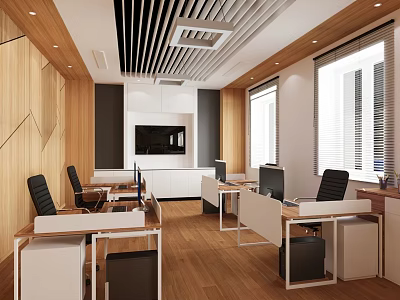 Modern Office Interior With Wooden Walls Desks Computers Black Chairs White Cabinets And Windows 3d model