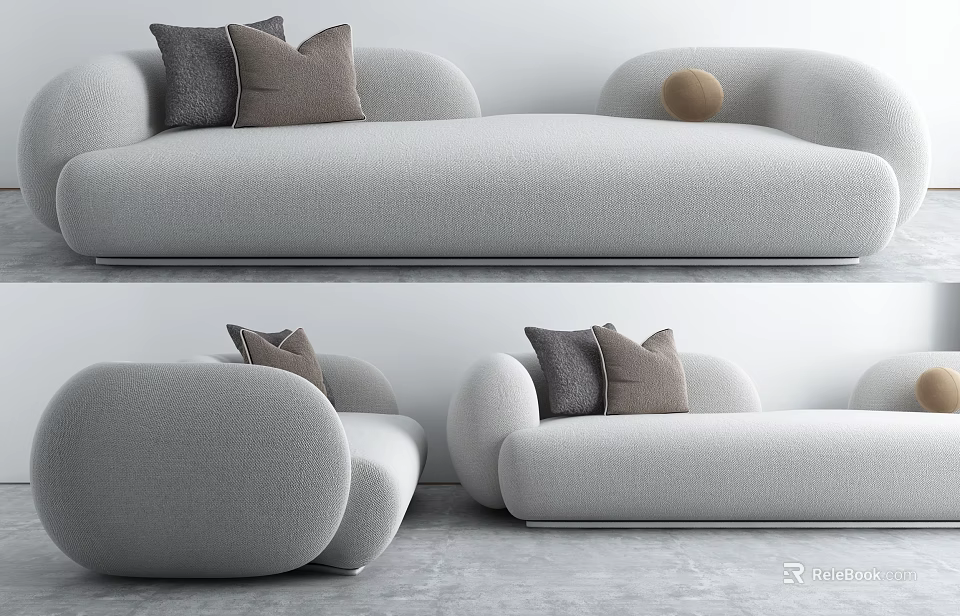 Modern Gray Fabric Sofa with Curved Design Gray Brown Pillows and Round Accent Decor 3d model 