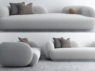 Modern Gray Fabric Sofa with Curved Design Gray Brown Pillows and Round Accent Decor 3d model