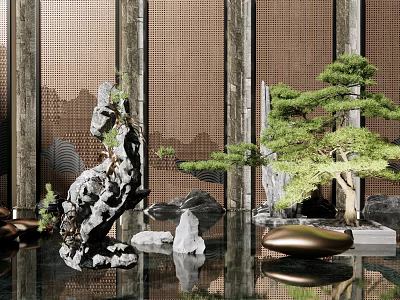 Garden Ornaments Featuring Rockery Pine Tree Metallic Decor And Smooth Stones With Reflections 3d model