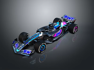 F1 Car With BWT Branding Black Blue Pink Streamlined Design Large Wheels And Reflective Finish 3d model