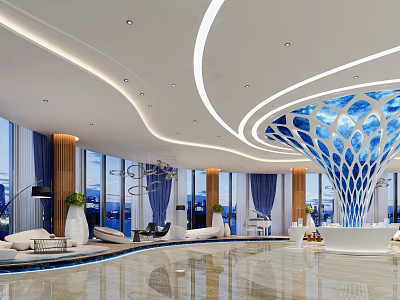 Modern Luxury Reception Desk with Blue Decorative Structure Large Windows and Sofa Area 3d model