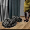 Decorative Round Floor Poufs In Living Room With Wooden Floor And Curtains