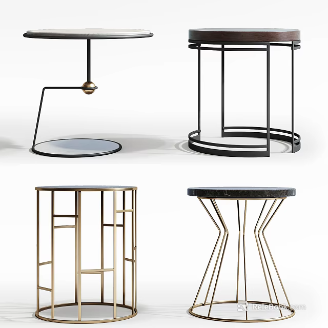 Modern Round Side Tables With Metal Frames Marble Tops And Geometric Bases 3d model 