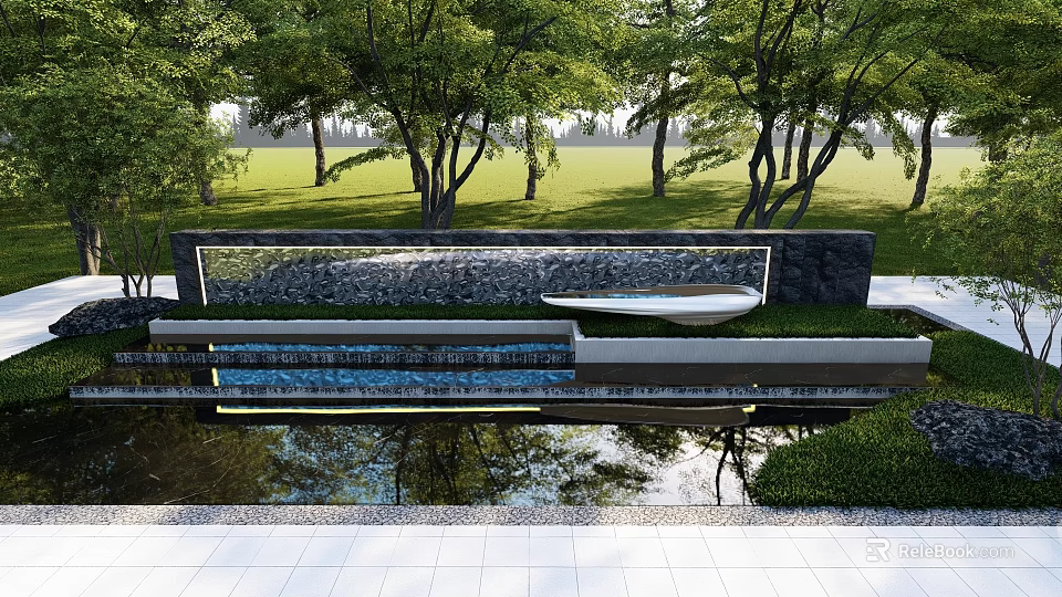 Landscape Feature Wall Surrounded by Trees and Lawn With Reflective Water Pool and Modern Design 3d model 