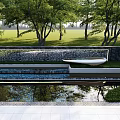 Landscape Feature Wall Surrounded by Trees and Lawn With Reflective Water Pool and Modern Design