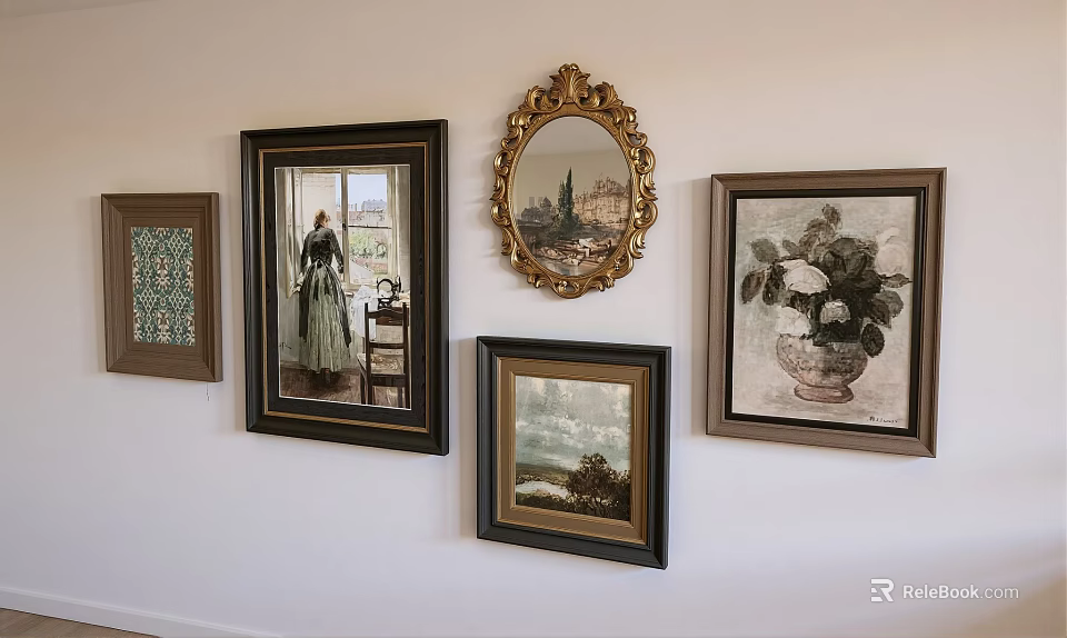 Classic Oil Paintings Displayed on Wall with Diverse Frames and Art Subjects 3d model 