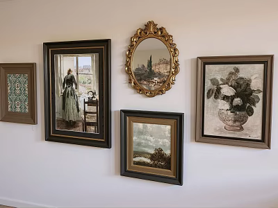 Classic Oil Paintings Displayed on Wall with Diverse Frames and Art Subjects 3d model