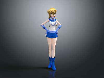 Anime Style 3D Character With Blonde Hair Blue White Outfit Standing Pose 3d model