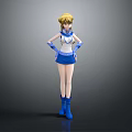 Anime Style 3D Character With Blonde Hair Blue White Outfit Standing Pose