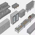 Stainless Steel Commercial Kitchen Equipment Including Stoves Refrigerators Worktables Shelves And Storage Cabinets