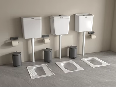 Modern Bathroom With White Squat Toilets Tanks Toilet Paper Holders And Gray Bins 3d model