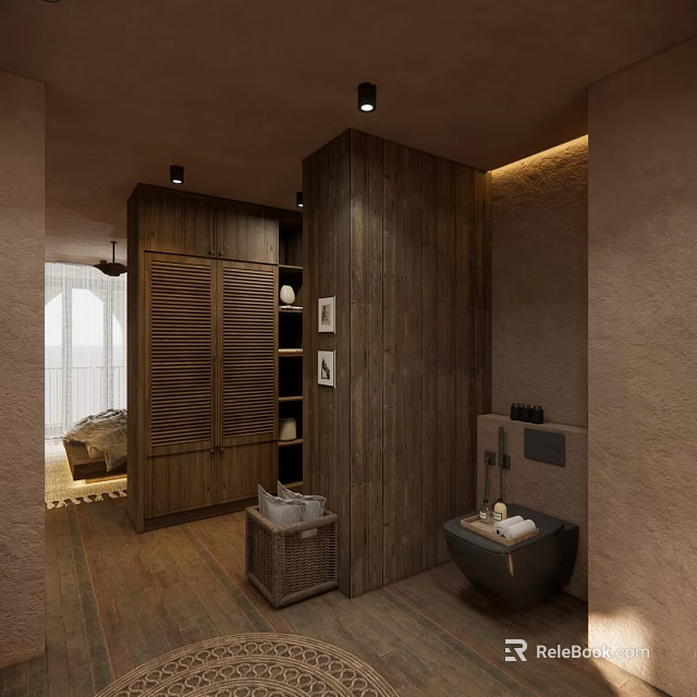 Hotel Guest Room With Wooden Wardrobe Wicker Basket Washbasin Open Layout And Minimalist Warm Tones 3d model 