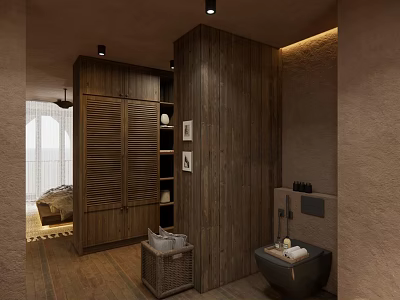 Hotel Guest Room With Wooden Wardrobe Wicker Basket Washbasin Open Layout And Minimalist Warm Tones 3d model