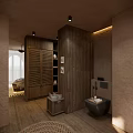 Hotel Guest Room With Wooden Wardrobe Wicker Basket Washbasin Open Layout And Minimalist Warm Tones