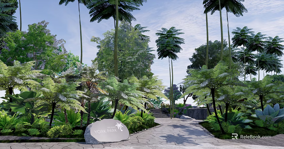 Park Landscape With Lush Greenery Nova Resort Stone Sign Stone Path Tall Trees And Ferns 3d model 