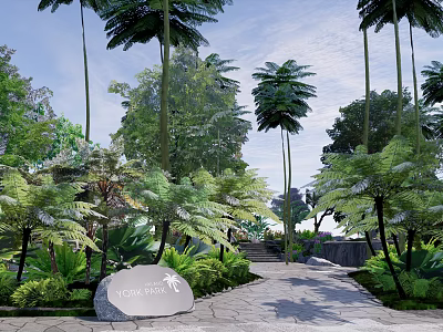 Park Landscape With Lush Greenery Nova Resort Stone Sign Stone Path Tall Trees And Ferns 3d model