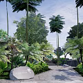 Park Landscape With Lush Greenery Nova Resort Stone Sign Stone Path Tall Trees And Ferns