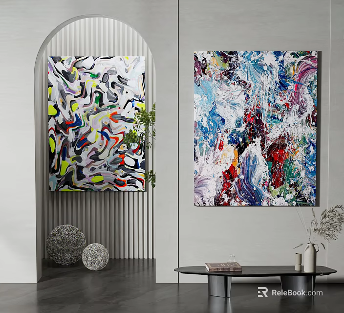 Vibrant Abstract Paintings In Modern Interior With Green Plant And Decorative Balls 3d model 