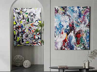 Vibrant Abstract Paintings In Modern Interior With Green Plant And Decorative Balls 3d model
