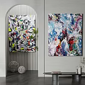 Vibrant Abstract Paintings In Modern Interior With Green Plant And Decorative Balls